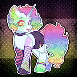 A drawing of the unicorn Enfys Iridescent, my ponysona. They're blue with short, curly rainbow hair and multicolored paint splatters throughout their body. They're wearing a spiked choker, many piercings, mismatched socks, a nonbinary bracelet, and black s