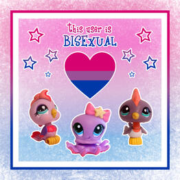 bisexual A userbox which says "this user is bisexual." It has pink, purple, and blue stars, a heart with the bisexual pride flag inside, and three LPS at the bottom which match the flag's colors (cockatoo 14598, octopus 1903, and woodpecker 2131).