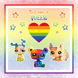 queer/gay A userbox which says "this user is queer." It has rainbow stars, a heart with the rainbow pride flag inside, and three LPS at the bottom which match the flag's colors (bunny 2156, bear 2584, and chinchilla 1577).