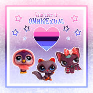 A userbox which says "this user is omnisexual." It has pink and blue stars, a heart with the omnisexual pride flag inside, and three LPS at the bottom which match the flag's colors (penguin 1941, raccoon 1730, and punkiest bat).