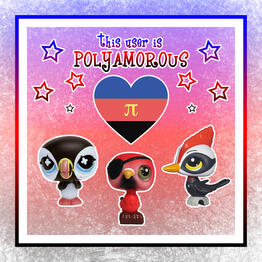 polyamorous A userbox which says "this user is polyamorous." It has red, blue, and black stars, a heart with the polyamorous pride flag inside, and three LPS at the bottom which match the flag's colors (puffin 654, parrot 331, and woodpecker 3571).